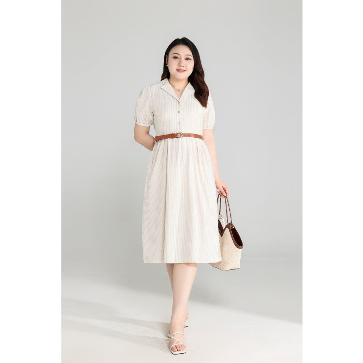 Plus Size Beige Shirt Dress with Belt