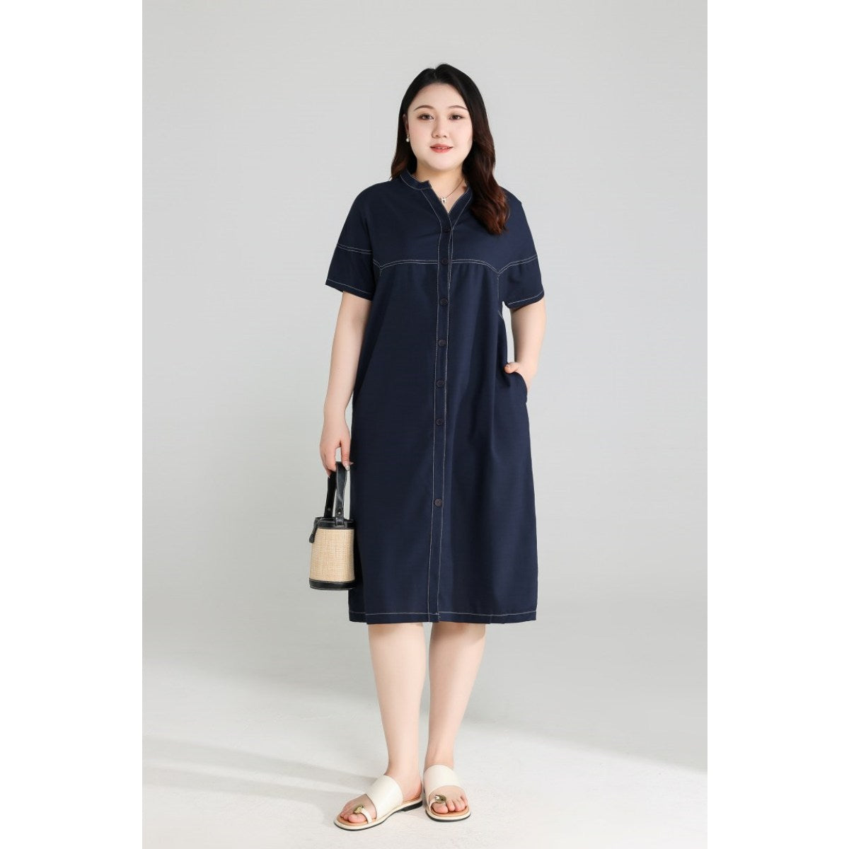 Plus Size Blue Notch Neck Shift Dress