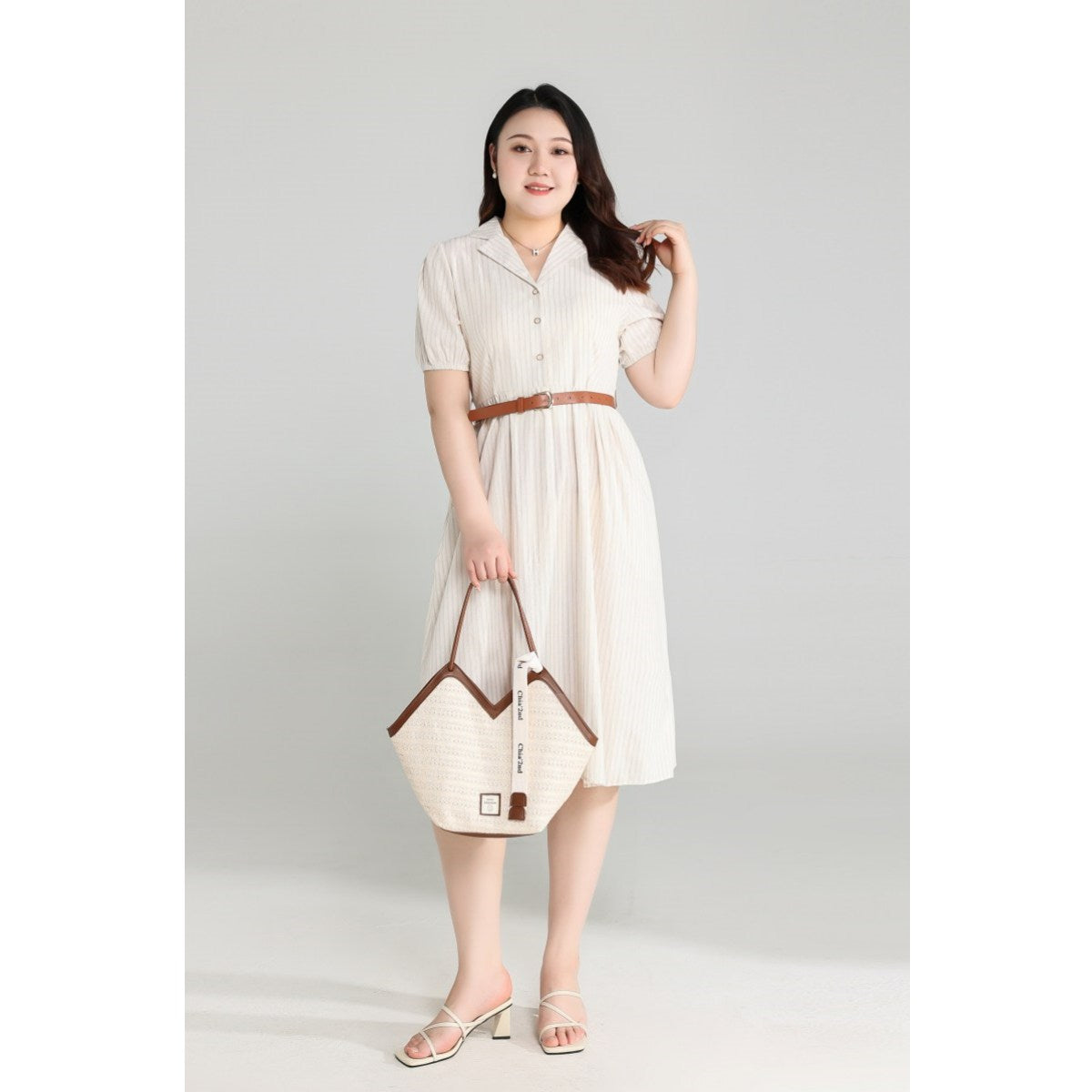Plus Size Beige Shirt Dress with Belt