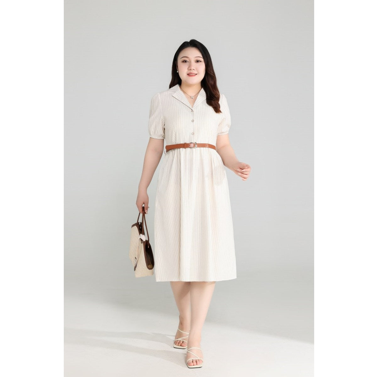 Plus Size Beige Shirt Dress with Belt
