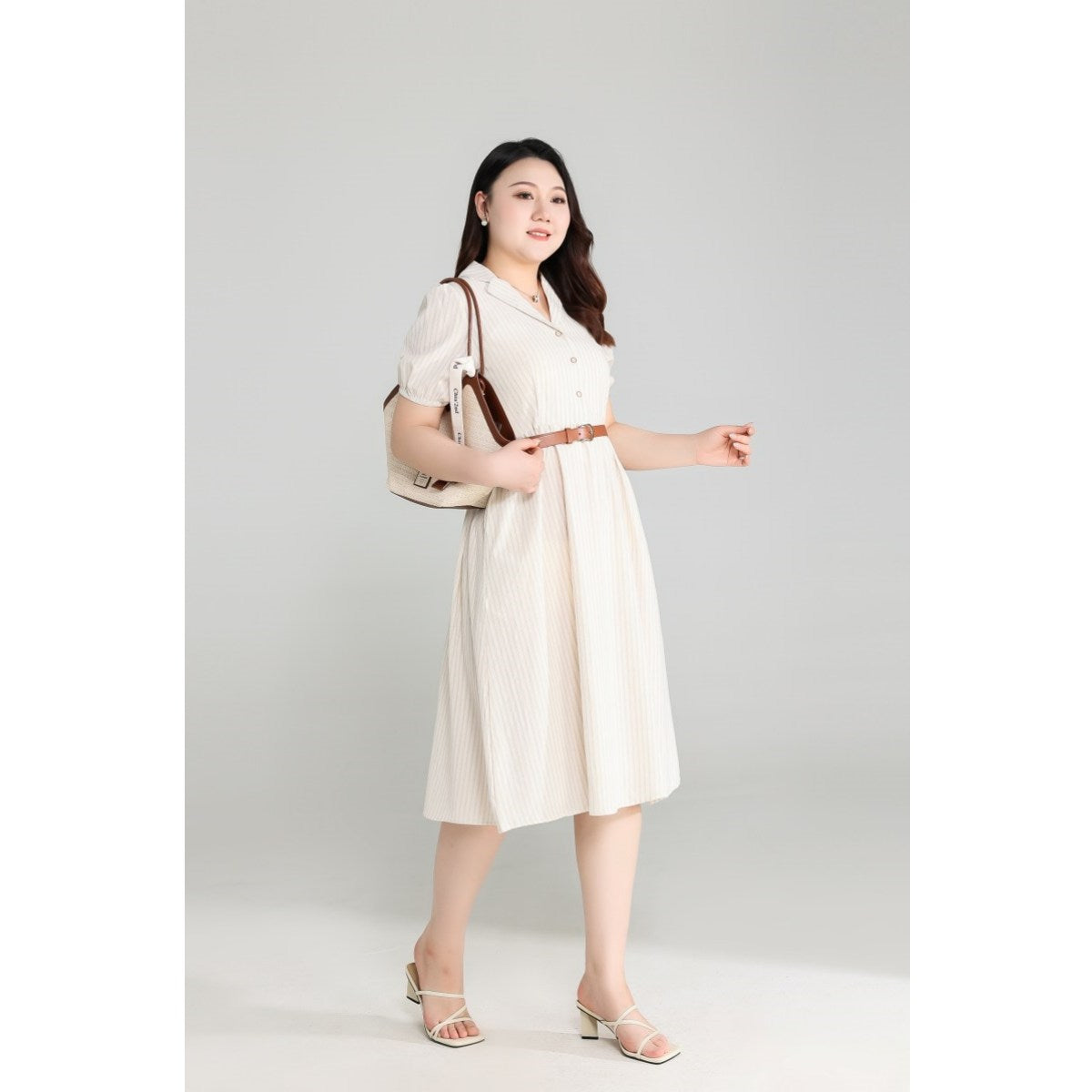 Plus Size Beige Shirt Dress with Belt