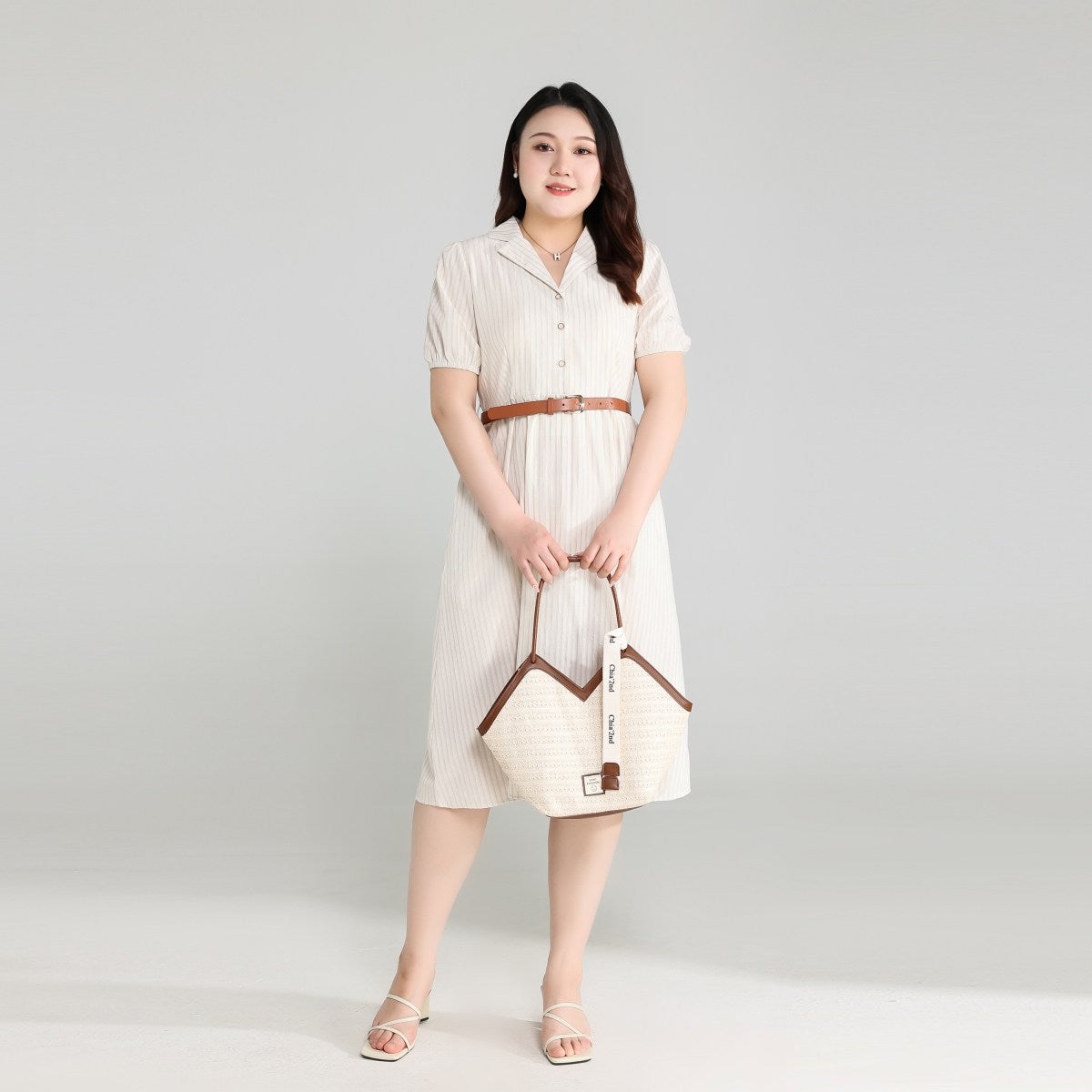 Plus Size Beige Shirt Dress with Belt