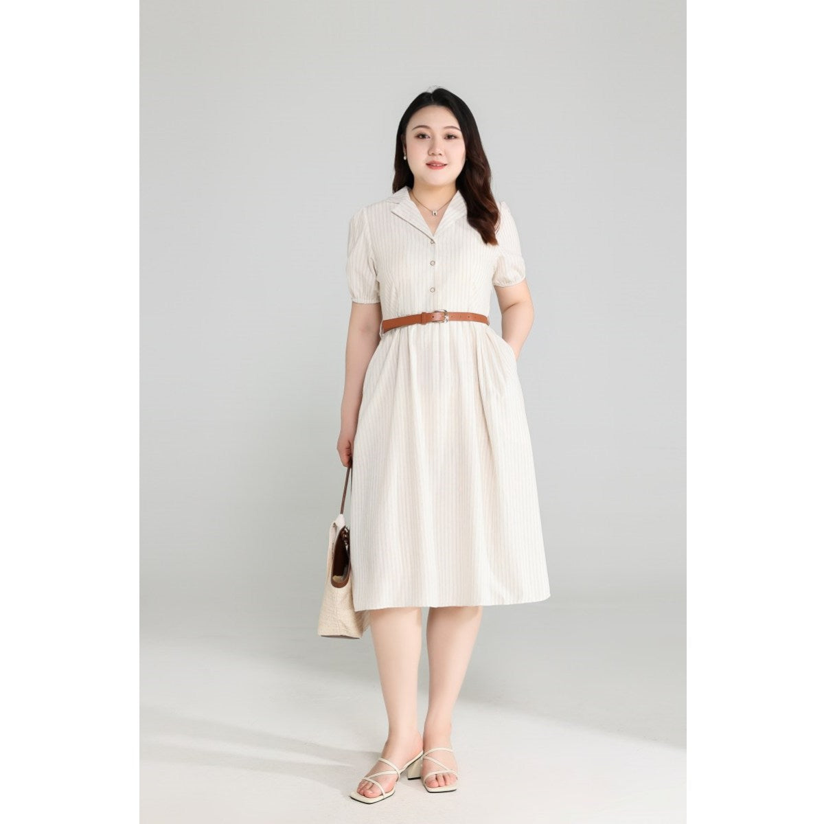 Plus Size Beige Shirt Dress with Belt