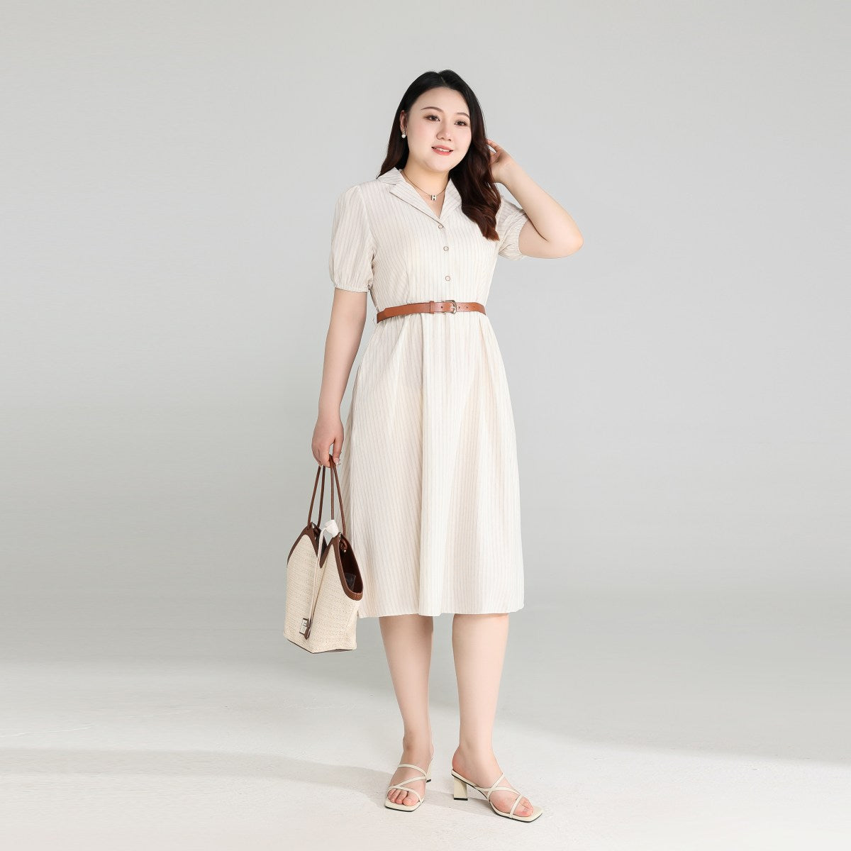 Plus Size Beige Shirt Dress with Belt