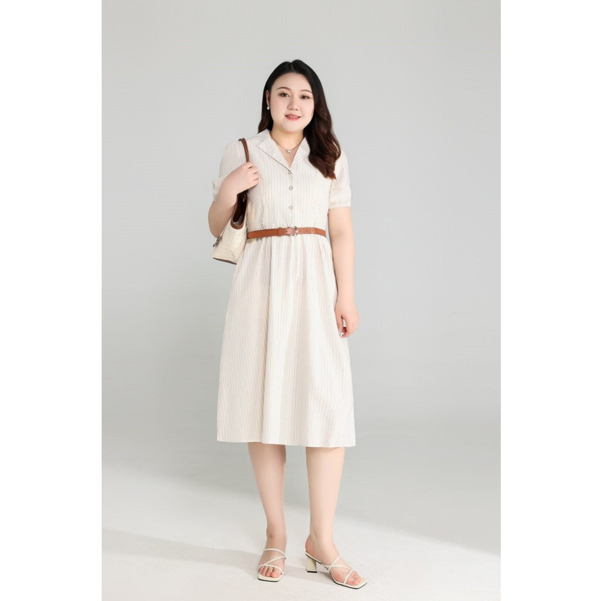 Plus Size Beige Shirt Dress with Belt