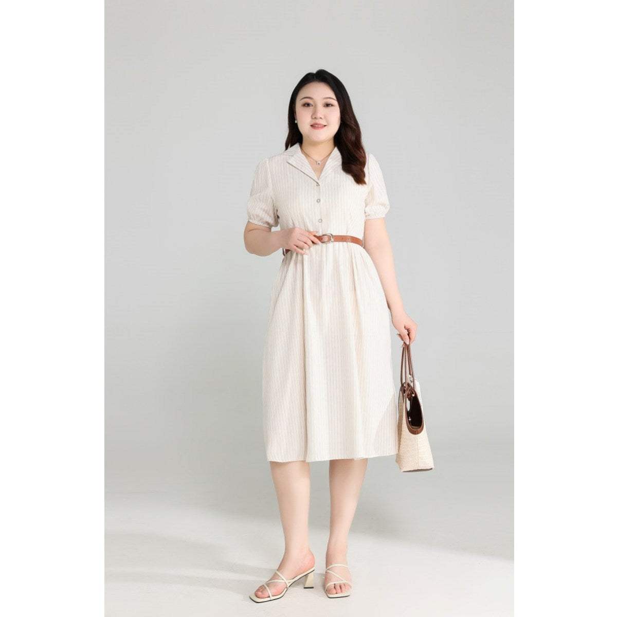 Plus Size Beige Shirt Dress with Belt