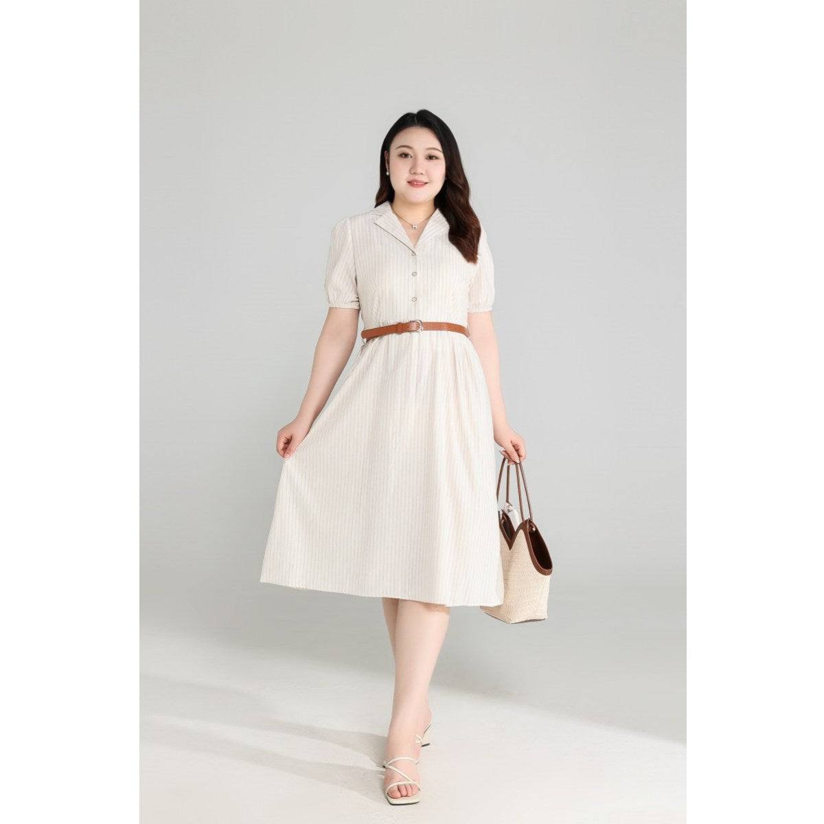 Plus Size Beige Shirt Dress with Belt