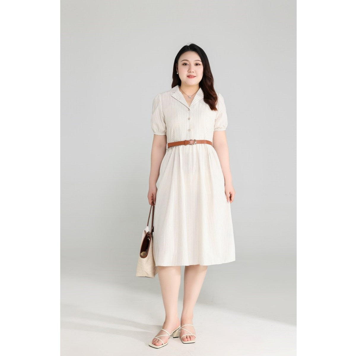 Plus Size Beige Shirt Dress with Belt