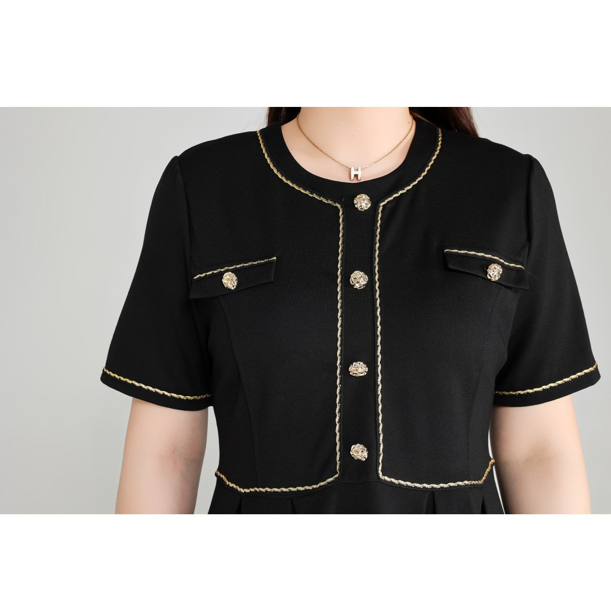 Plus Size Black Dress with Gold Buttons