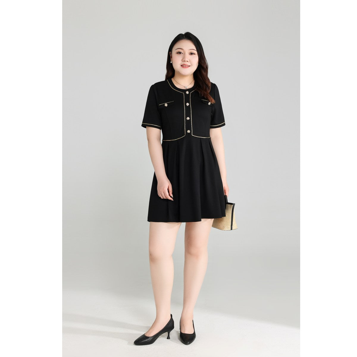 Plus Size Black Dress with Gold Buttons