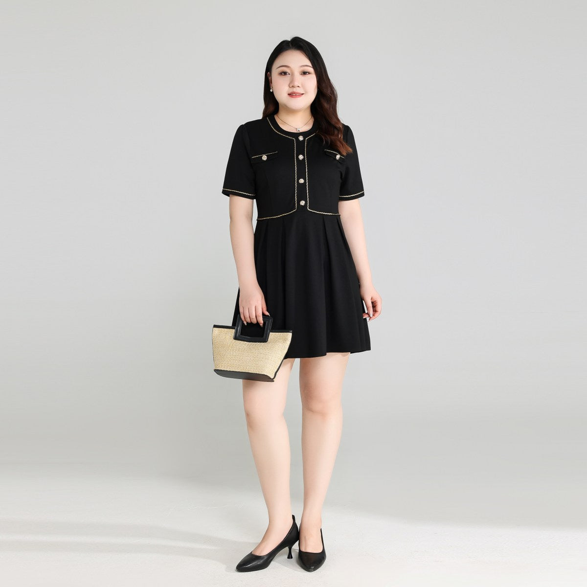 Plus Size Black Dress with Gold Buttons