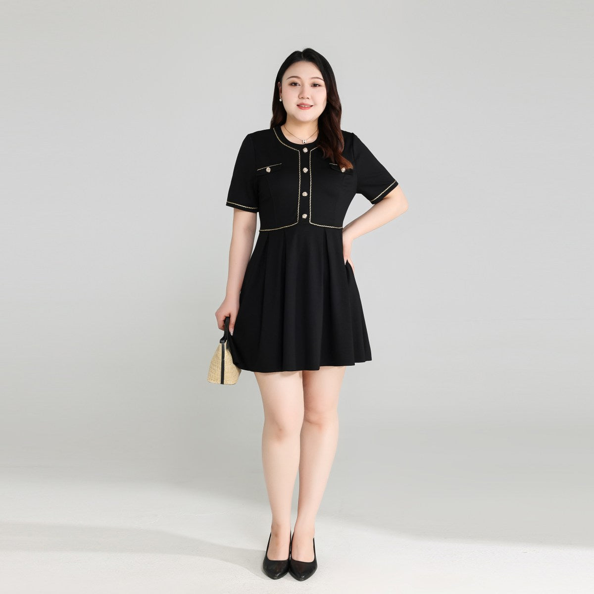 Plus Size Black Dress with Gold Buttons