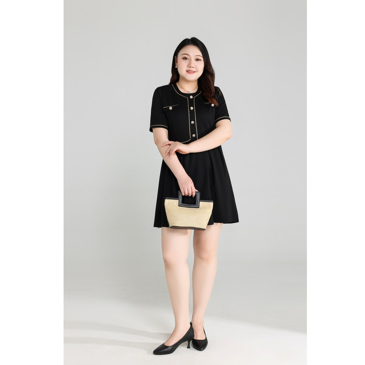 Plus Size Black Dress with Gold Buttons