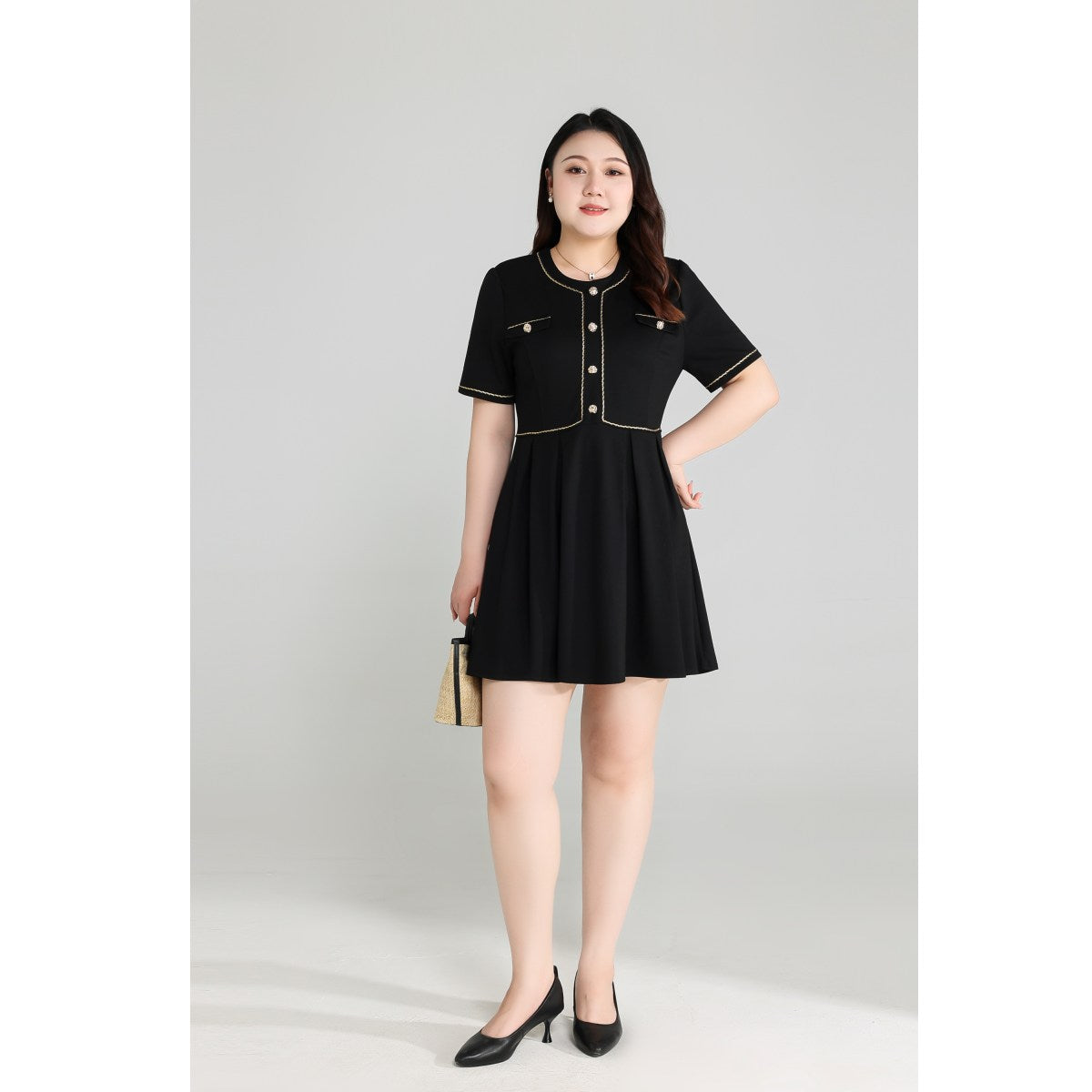 Plus Size Black Dress with Gold Buttons – Dahlia: Plus Size
