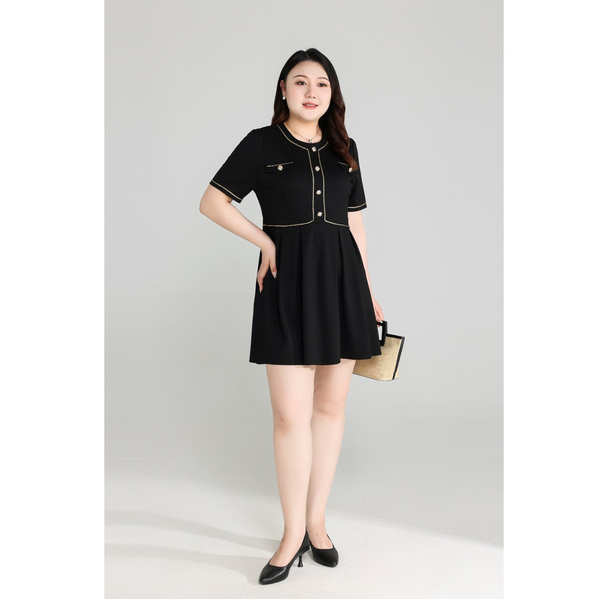 Plus Size Black Dress with Gold Buttons