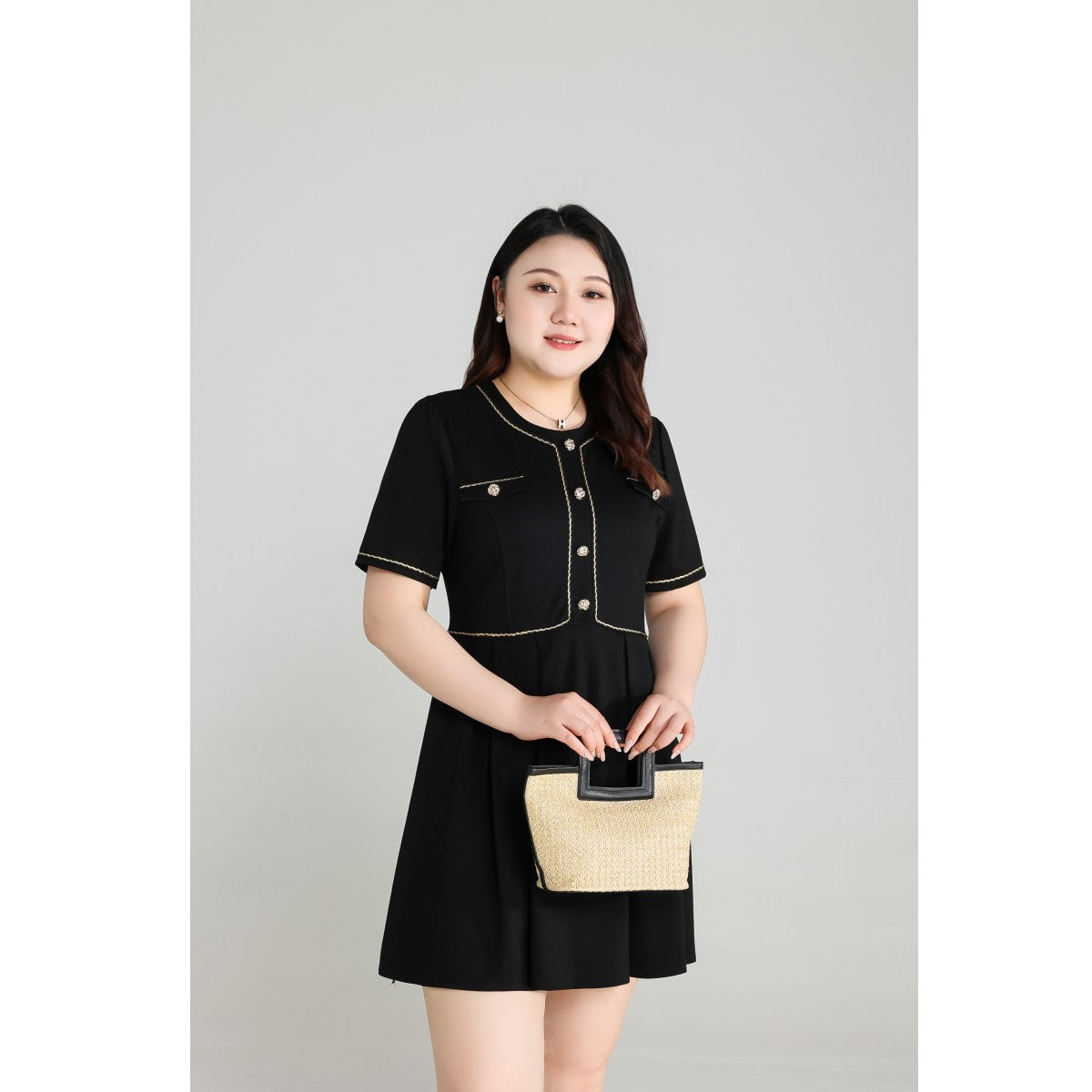 Plus Size Black Dress with Gold Buttons