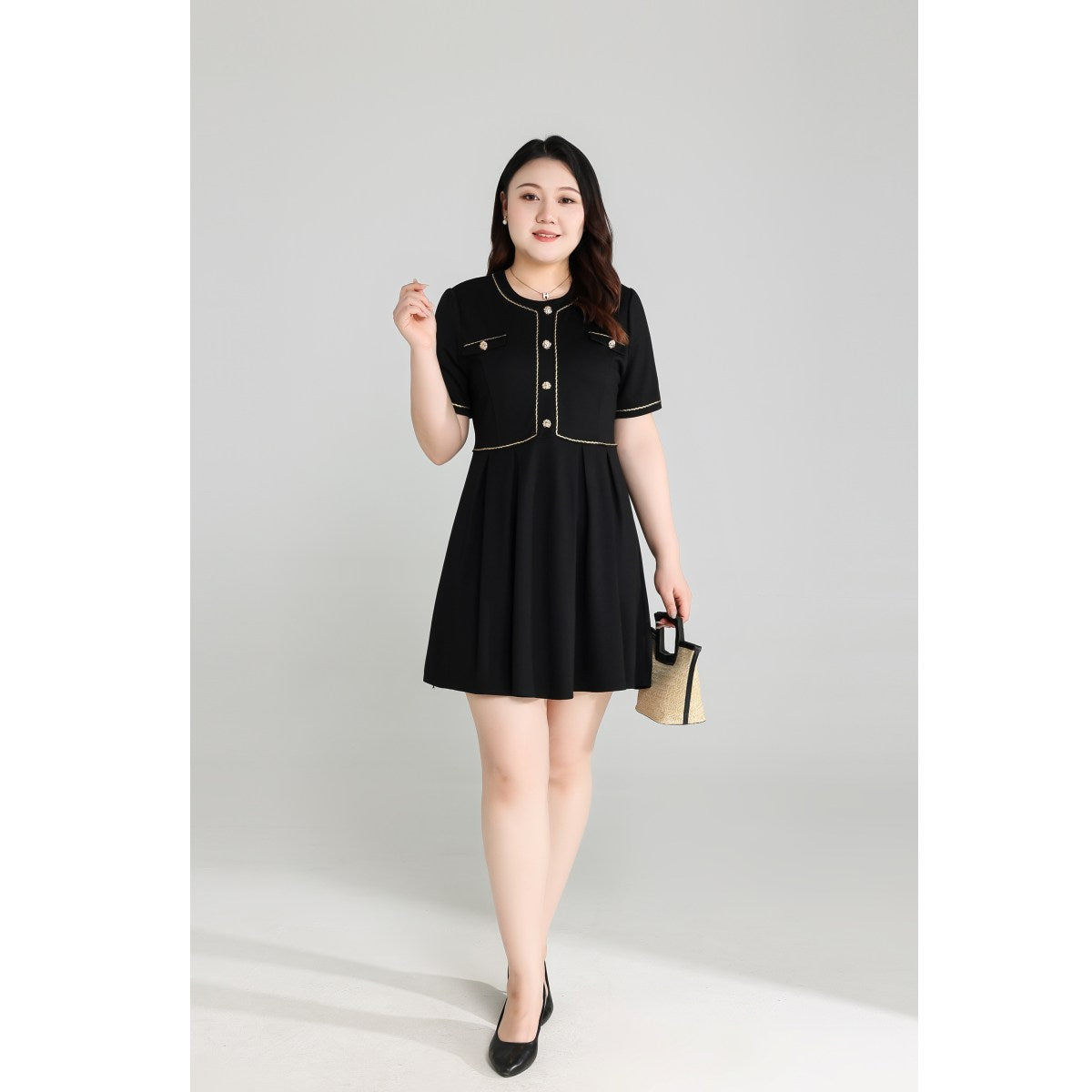 Plus Size Black Dress with Gold Buttons – Dahlia: Plus Size