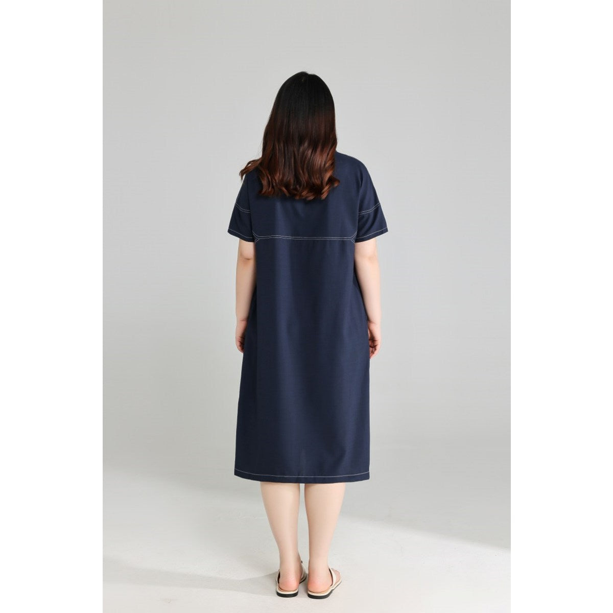 Plus Size Blue Notch Neck Shift Dress