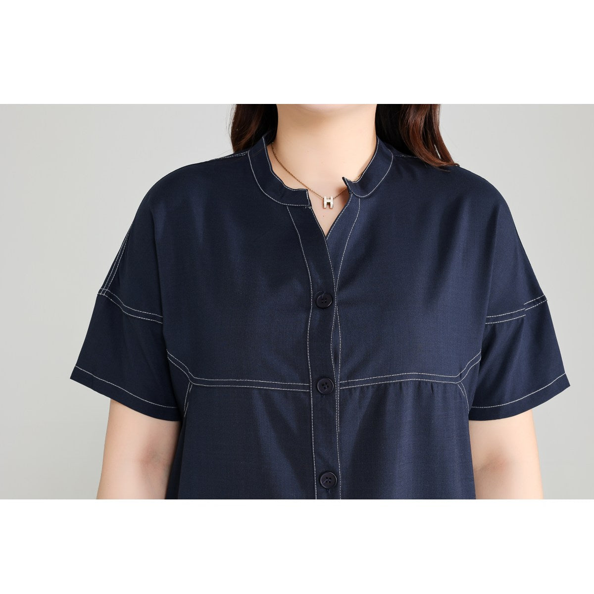Plus Size Blue Notch Neck Shift Dress