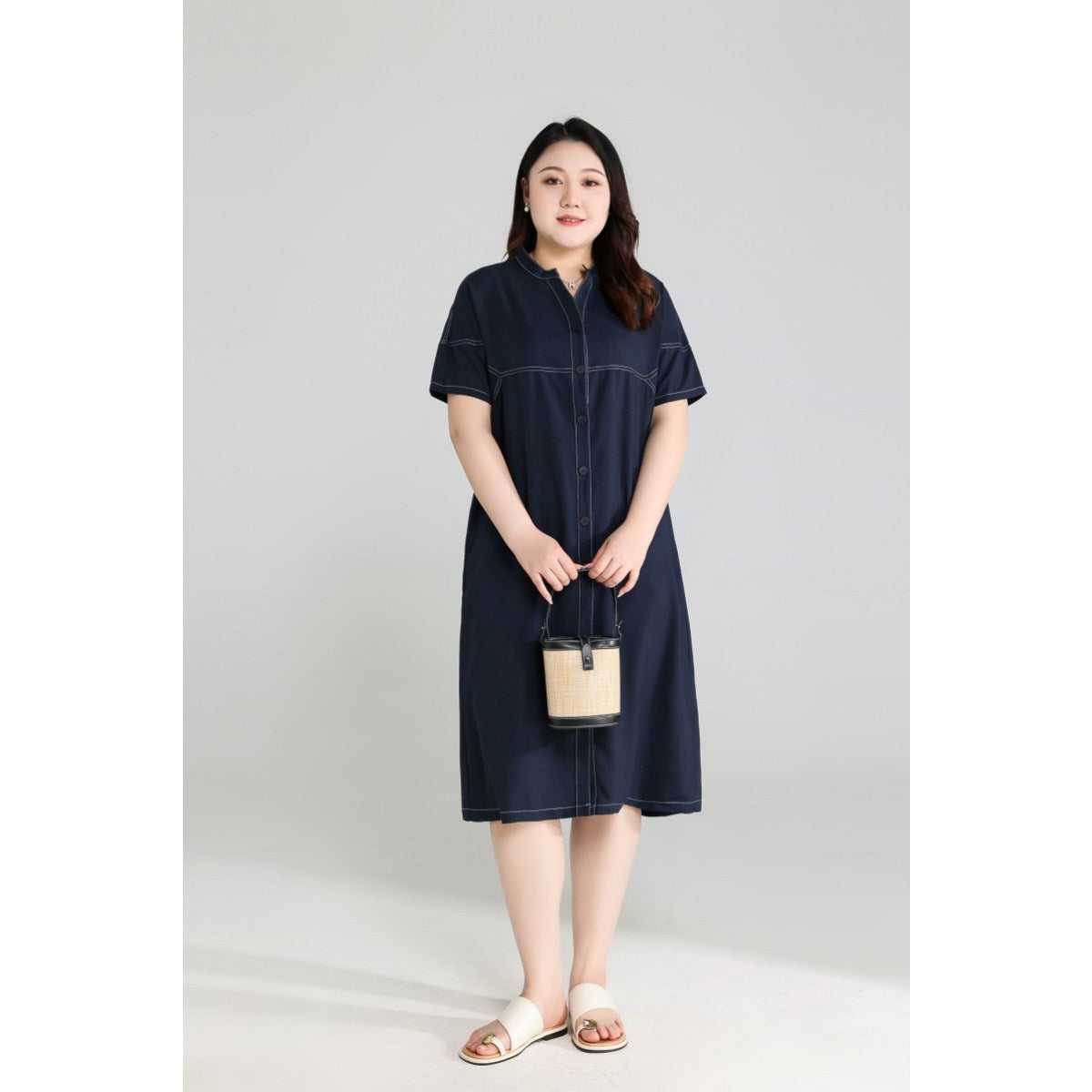 Plus Size Blue Notch Neck Shift Dress
