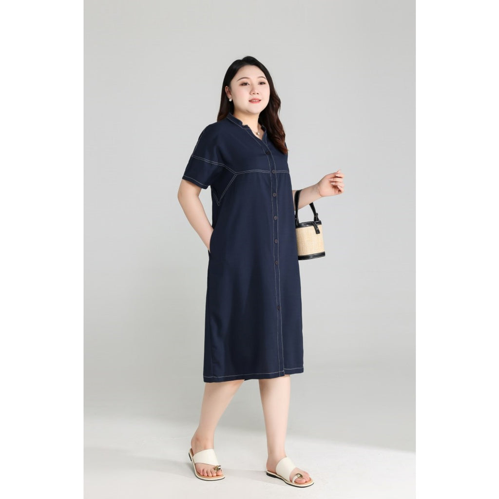 Plus Size Blue Notch Neck Shift Dress