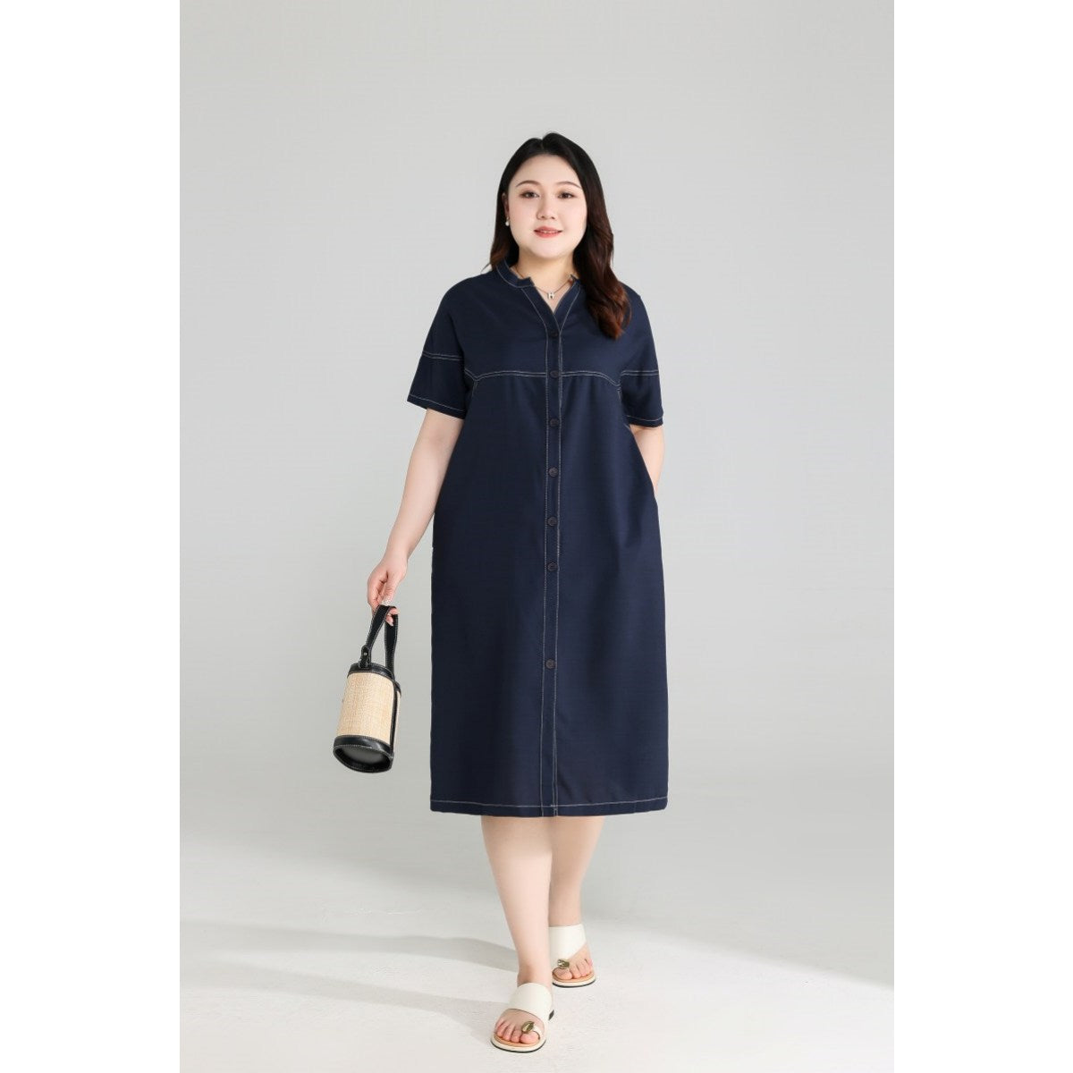 Plus Size Blue Notch Neck Shift Dress