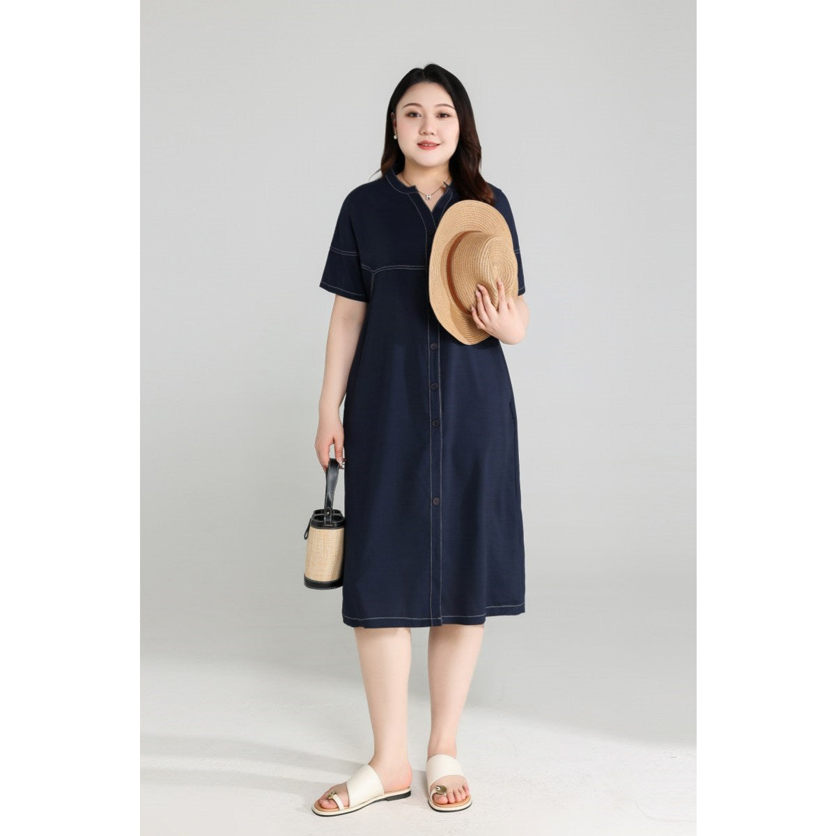 Plus Size Blue Notch Neck Shift Dress