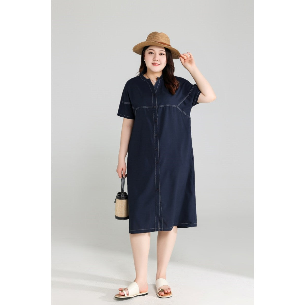 Plus Size Blue Notch Neck Shift Dress