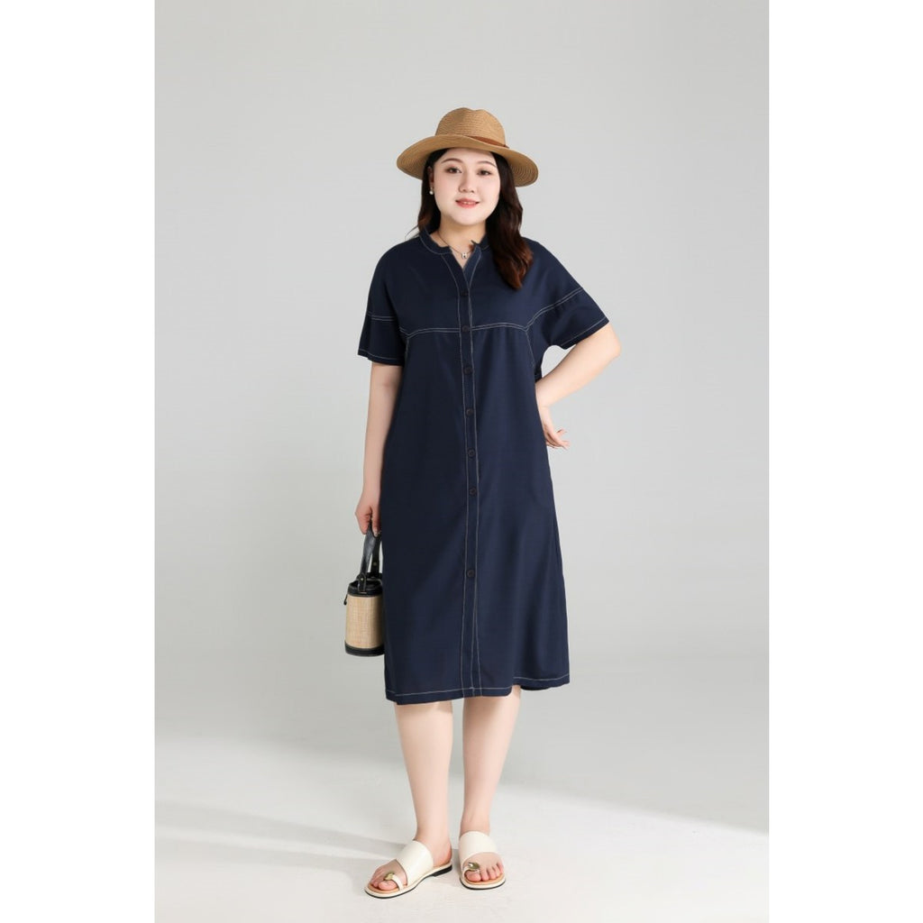 Plus Size Blue Notch Neck Shift Dress