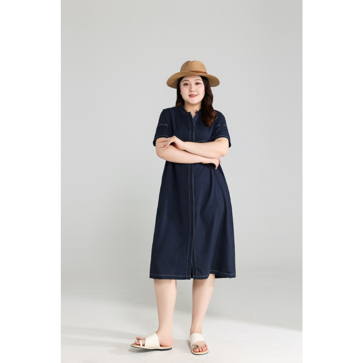 Plus Size Blue Notch Neck Shift Dress
