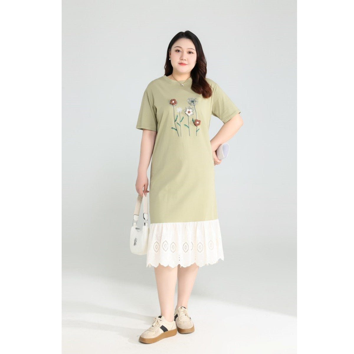 Plus Size Green Floral Lace T Shirt Dress