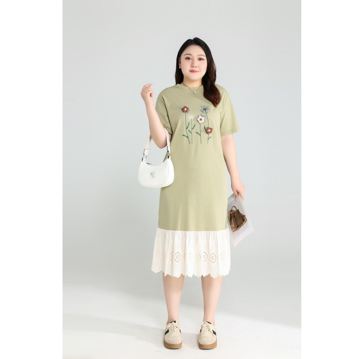 Plus Size Green Floral Lace T Shirt Dress