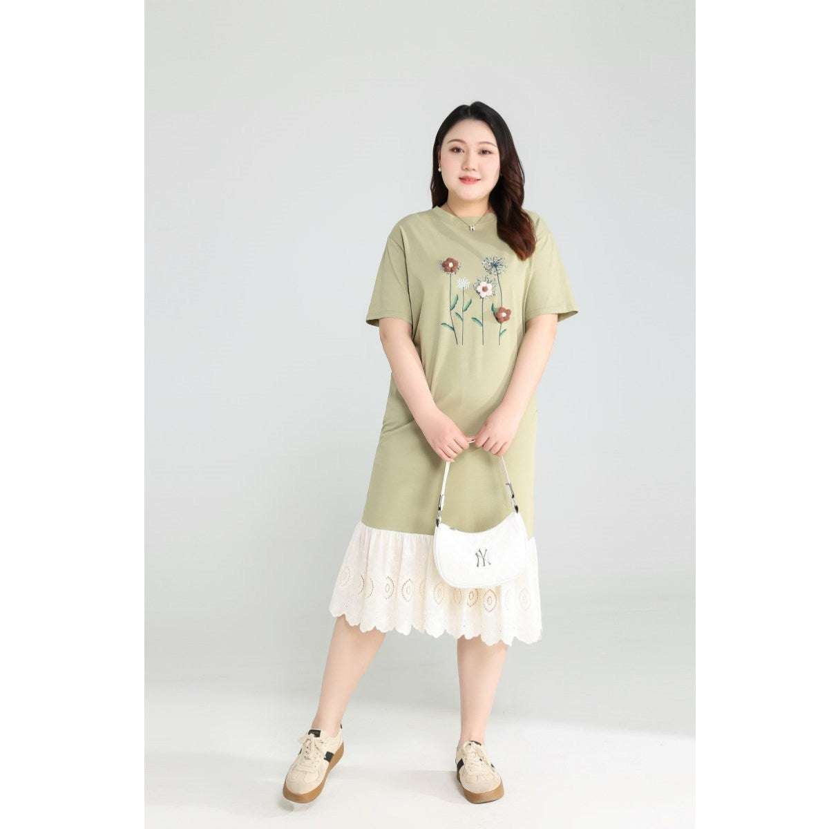 Plus Size Green Floral Lace T Shirt Dress