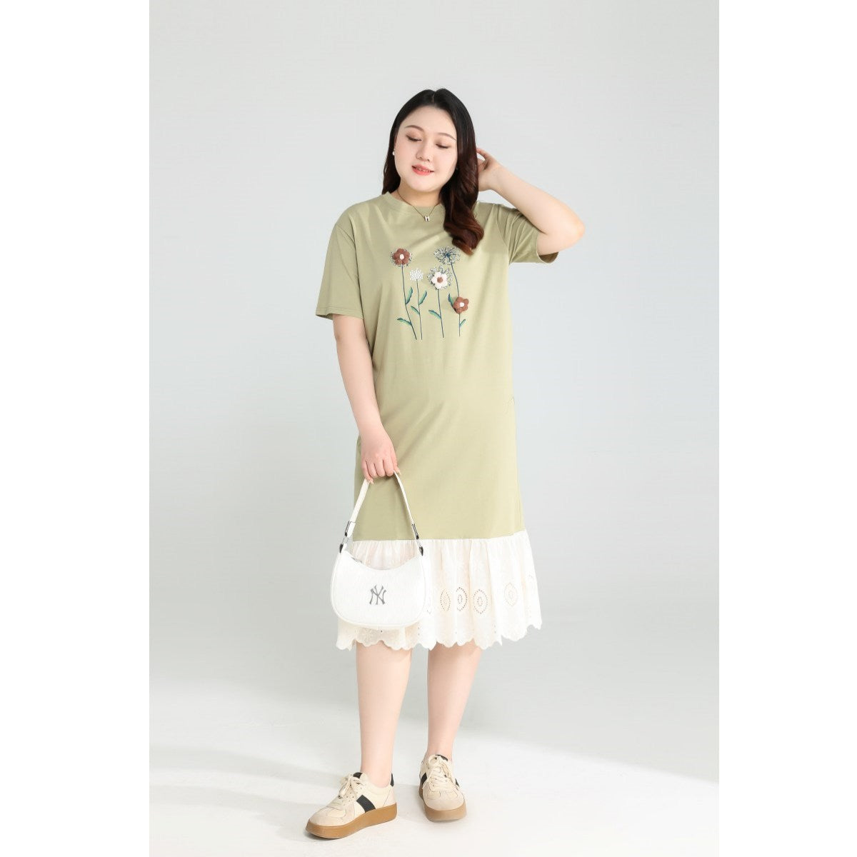 Plus Size Green Floral Lace T Shirt Dress