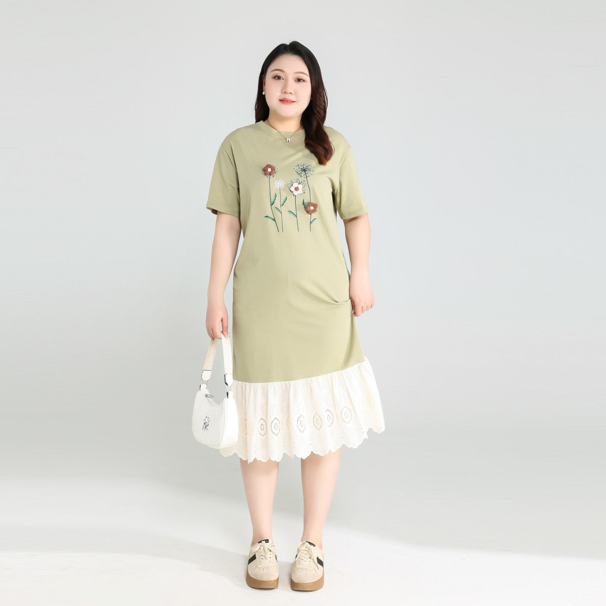 Plus Size Green Floral Lace T Shirt Dress