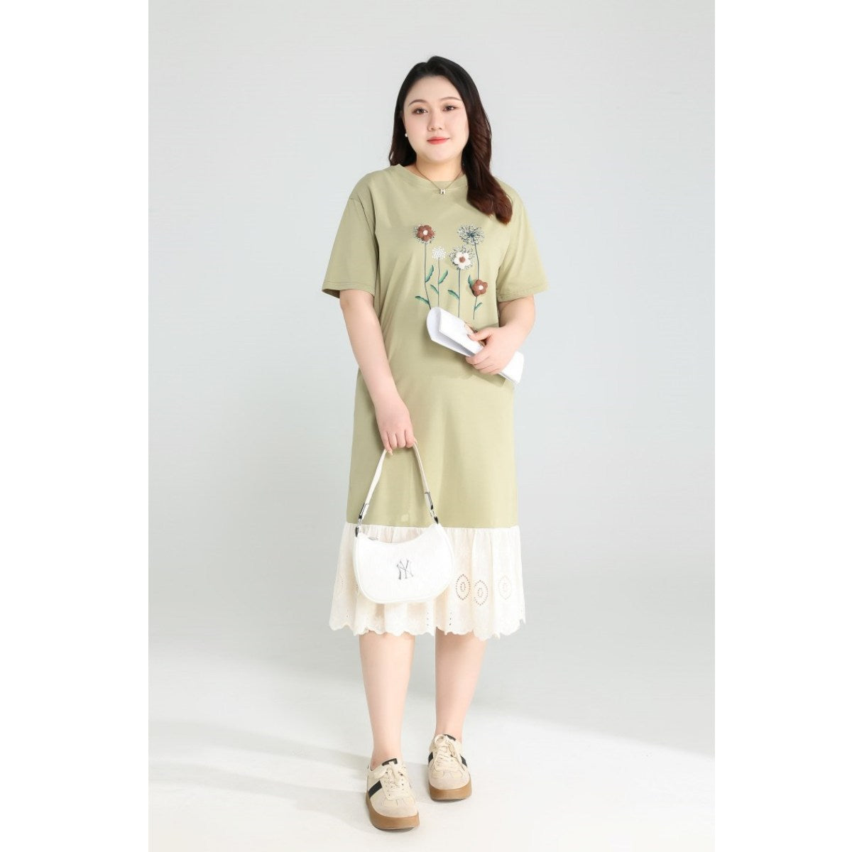 Plus Size Green Floral Lace T Shirt Dress