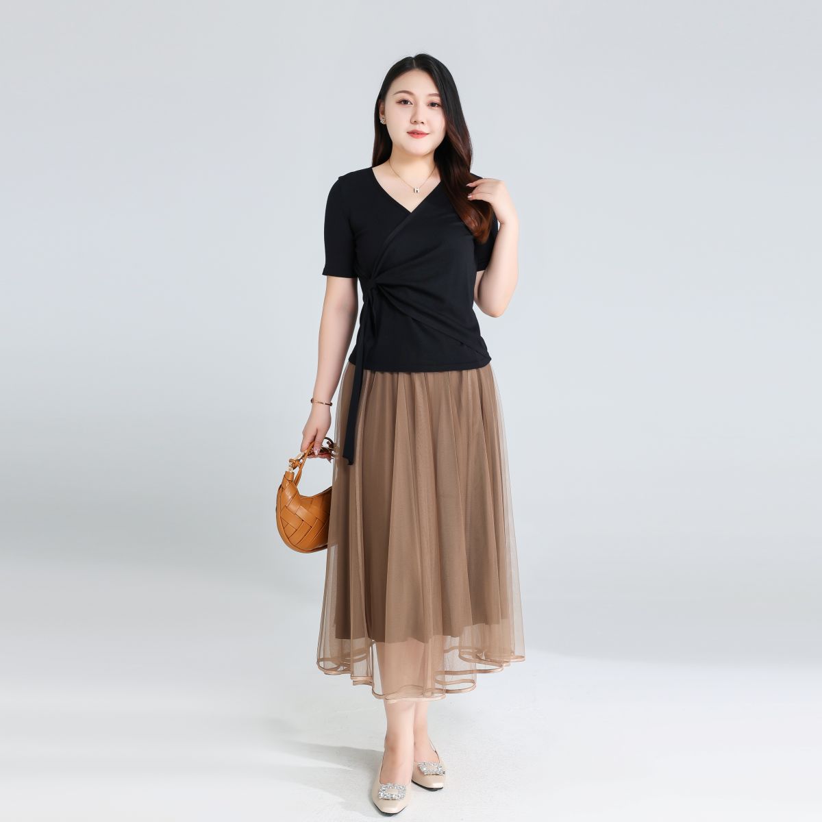 Plus Size Knit Wrap Short Sleeve Top and Tulle Skirt Outfit Set