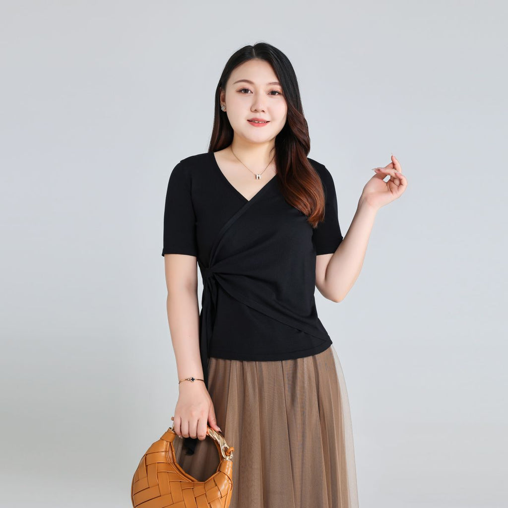 Plus Size Knit Wrap Short Sleeve Top - Black