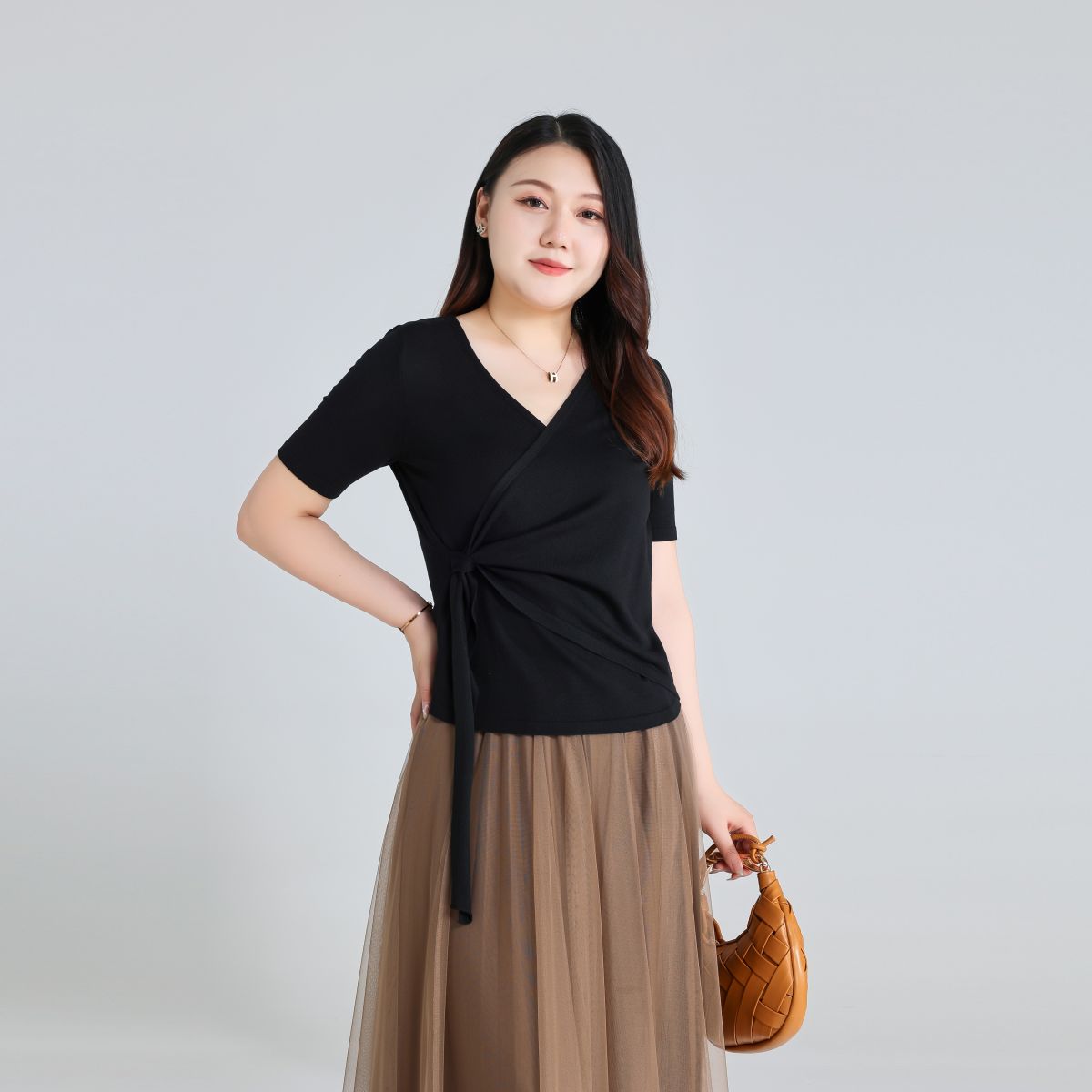 Plus Size Knit Wrap Short Sleeve Top