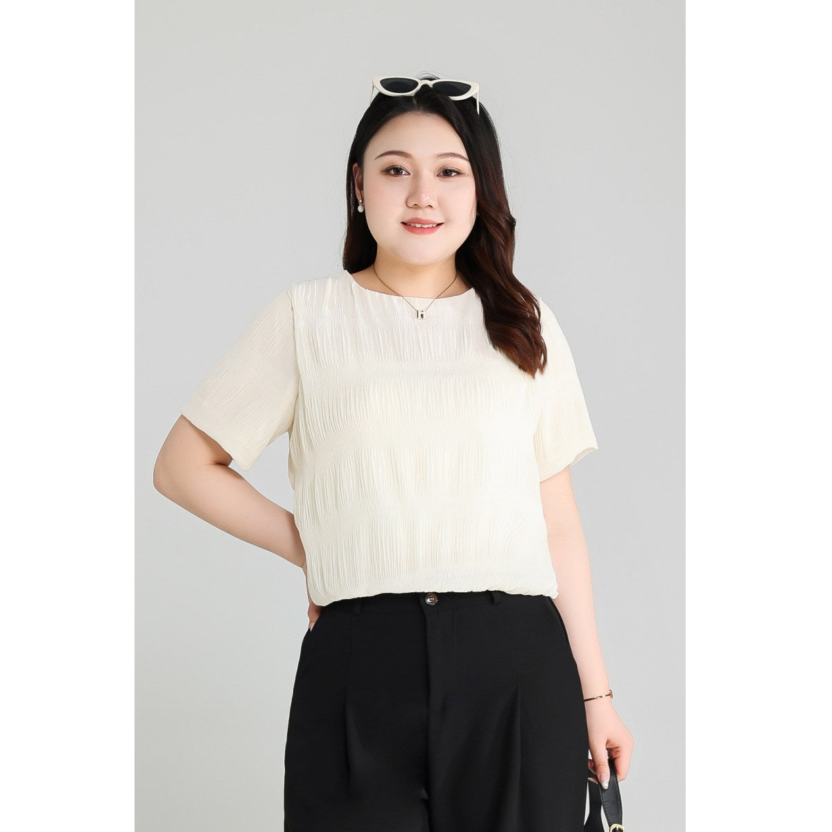 Plus Size Beige Short Sleeve Blouse