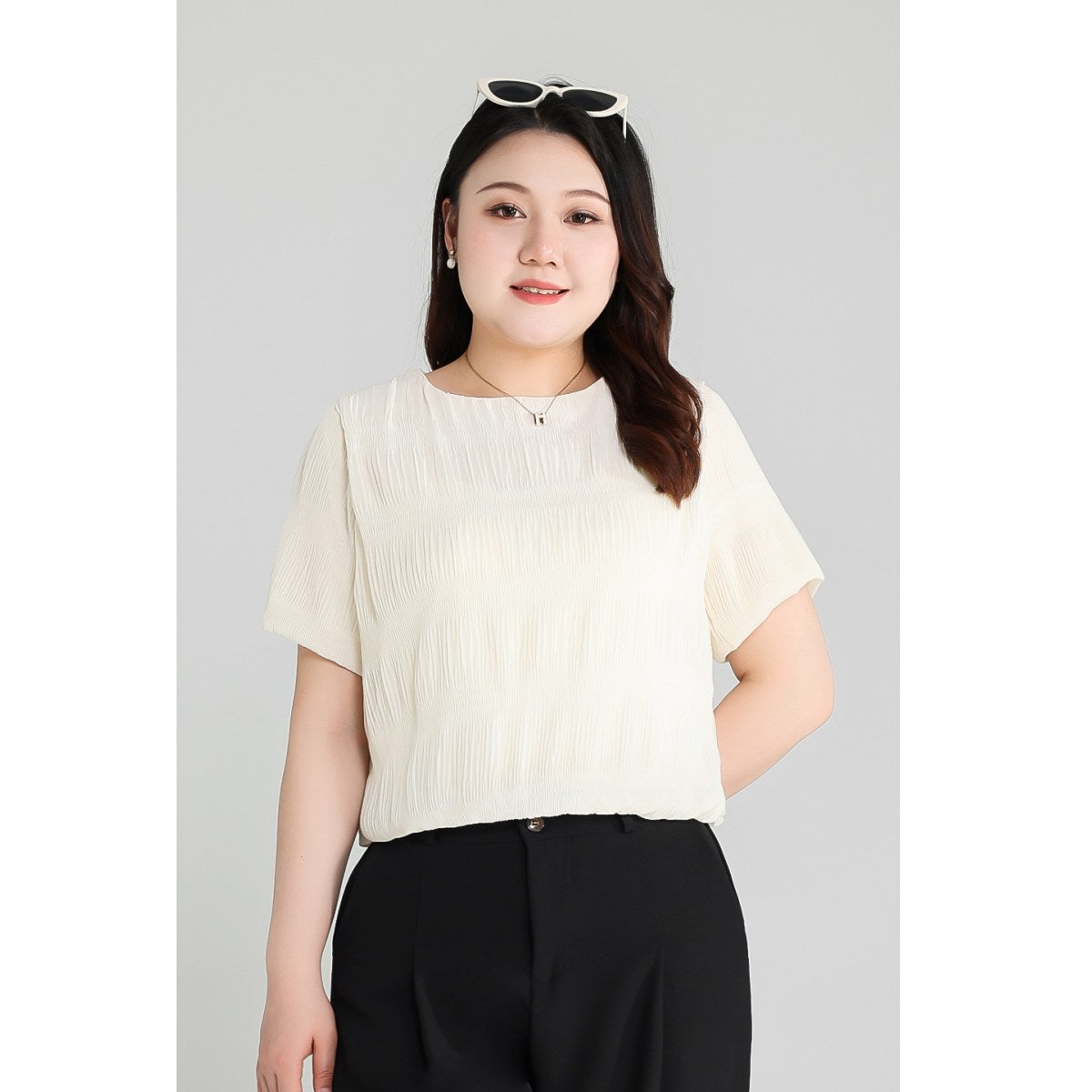 Plus Size Beige Short Sleeve Blouse