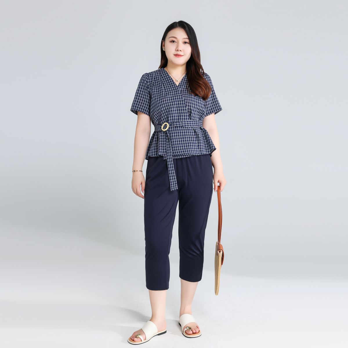 Plus Size Navy Checks Wrap Blouse