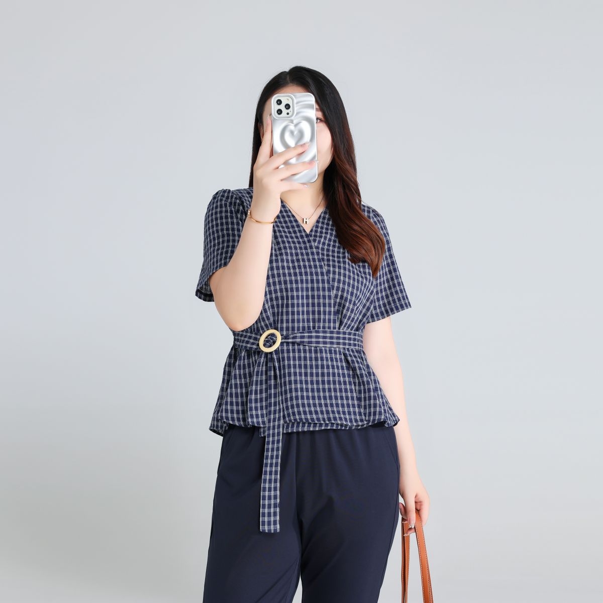 Plus Size Navy Checks Wrap Blouse