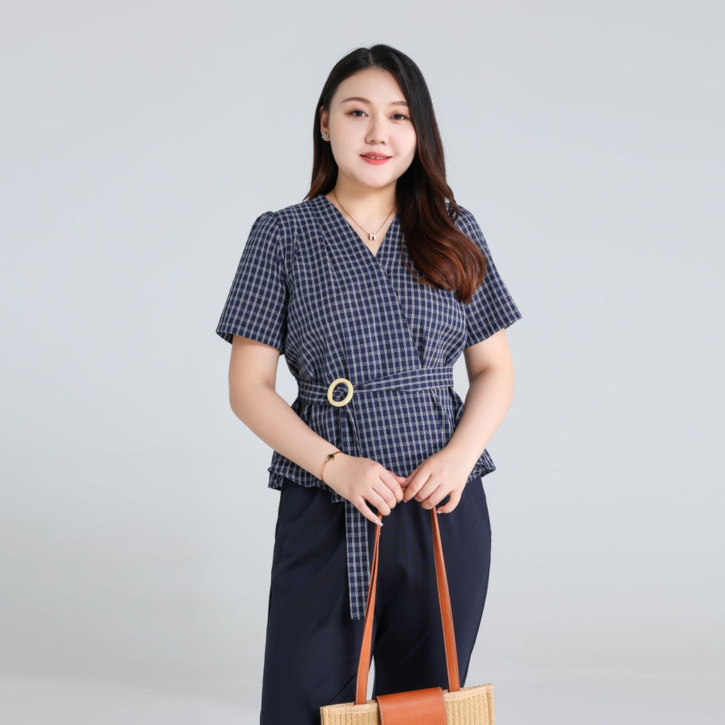 Plus Size Navy Checks Wrap Blouse