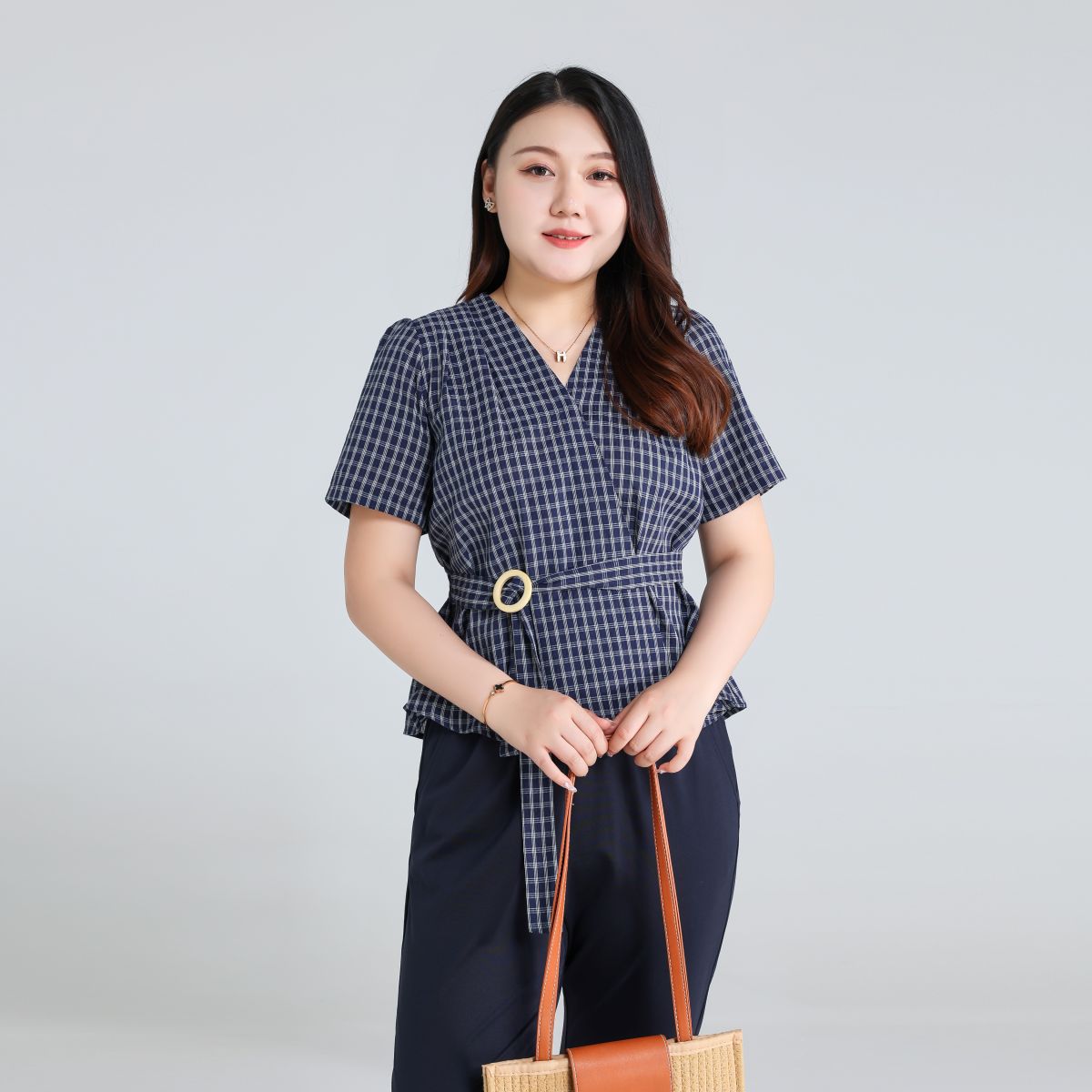Plus Size Navy Checks Wrap Blouse