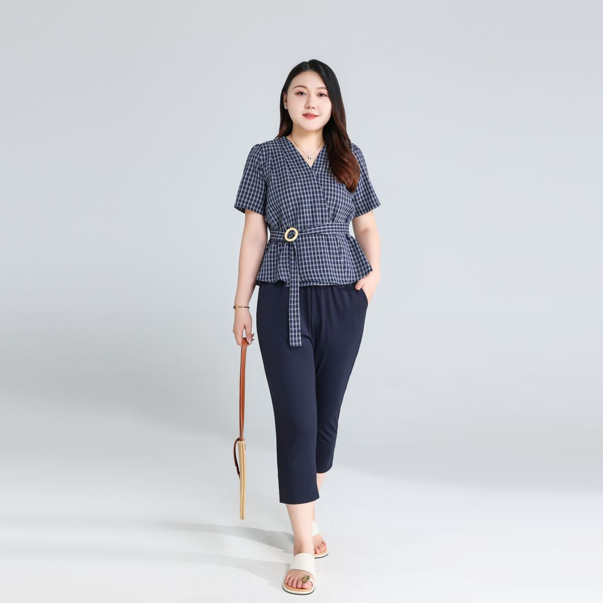 Plus Size Navy Checks Wrap Blouse