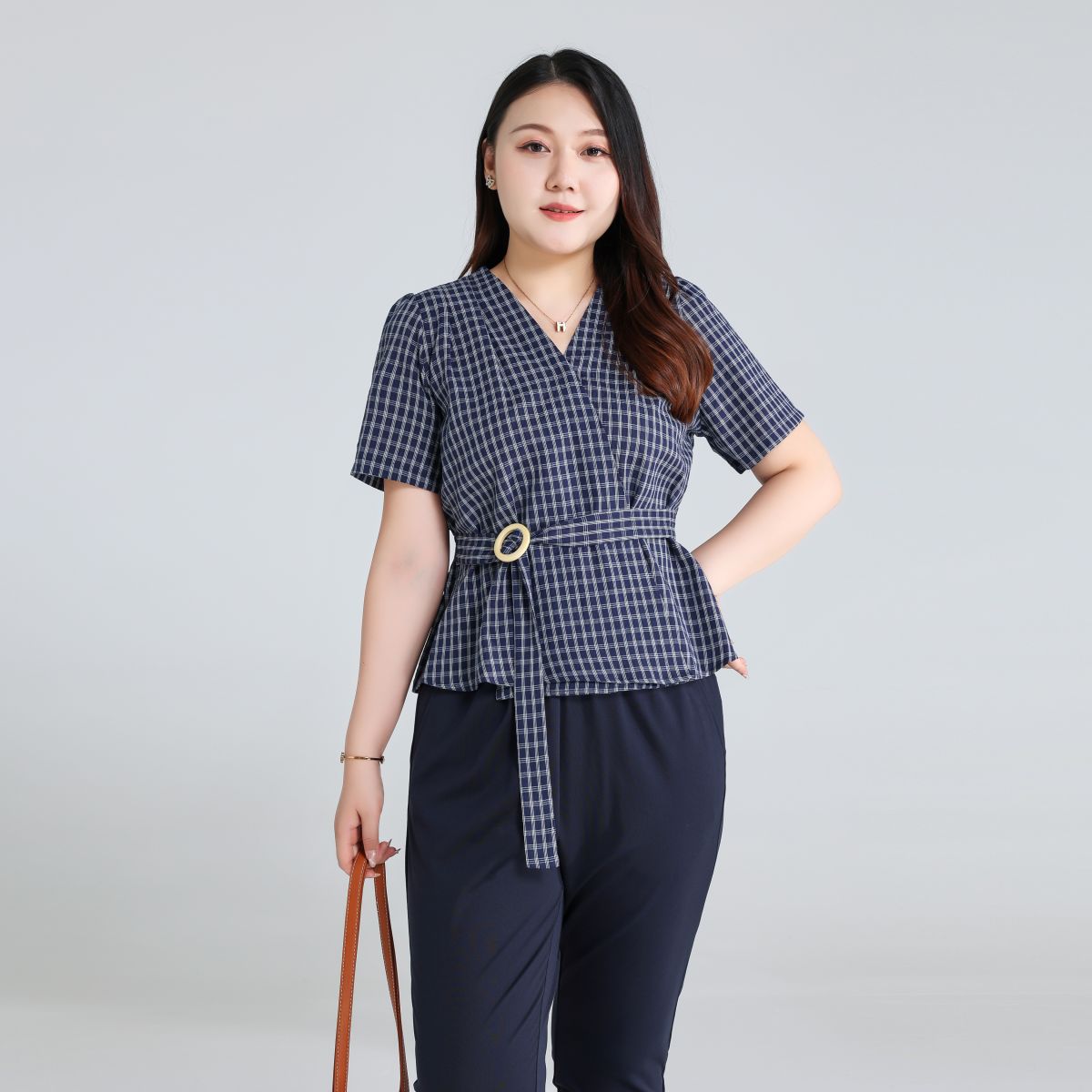 Plus Size Navy Checks Wrap Blouse