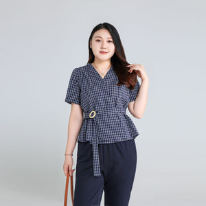 Plus Size Navy Checks Wrap Blouse