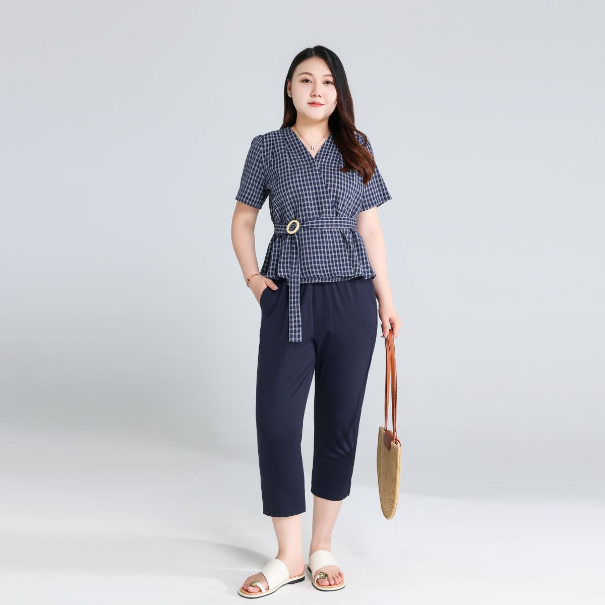Plus Size Navy Checks Wrap Blouse