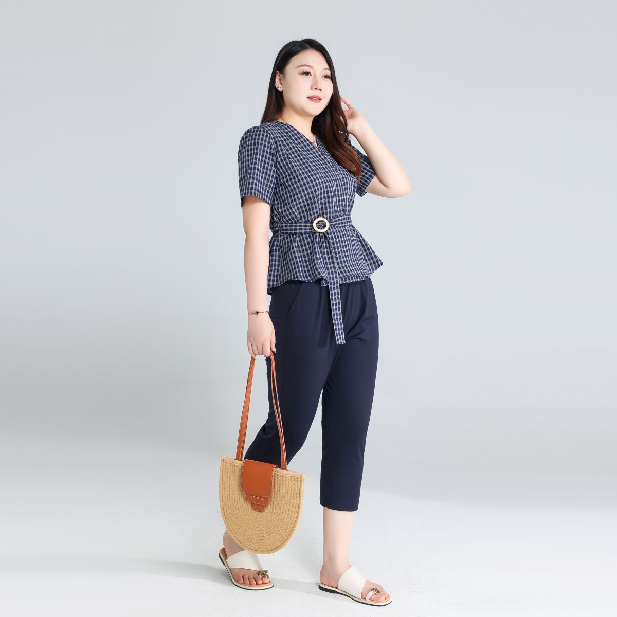 Plus Size Navy Checks Wrap Blouse